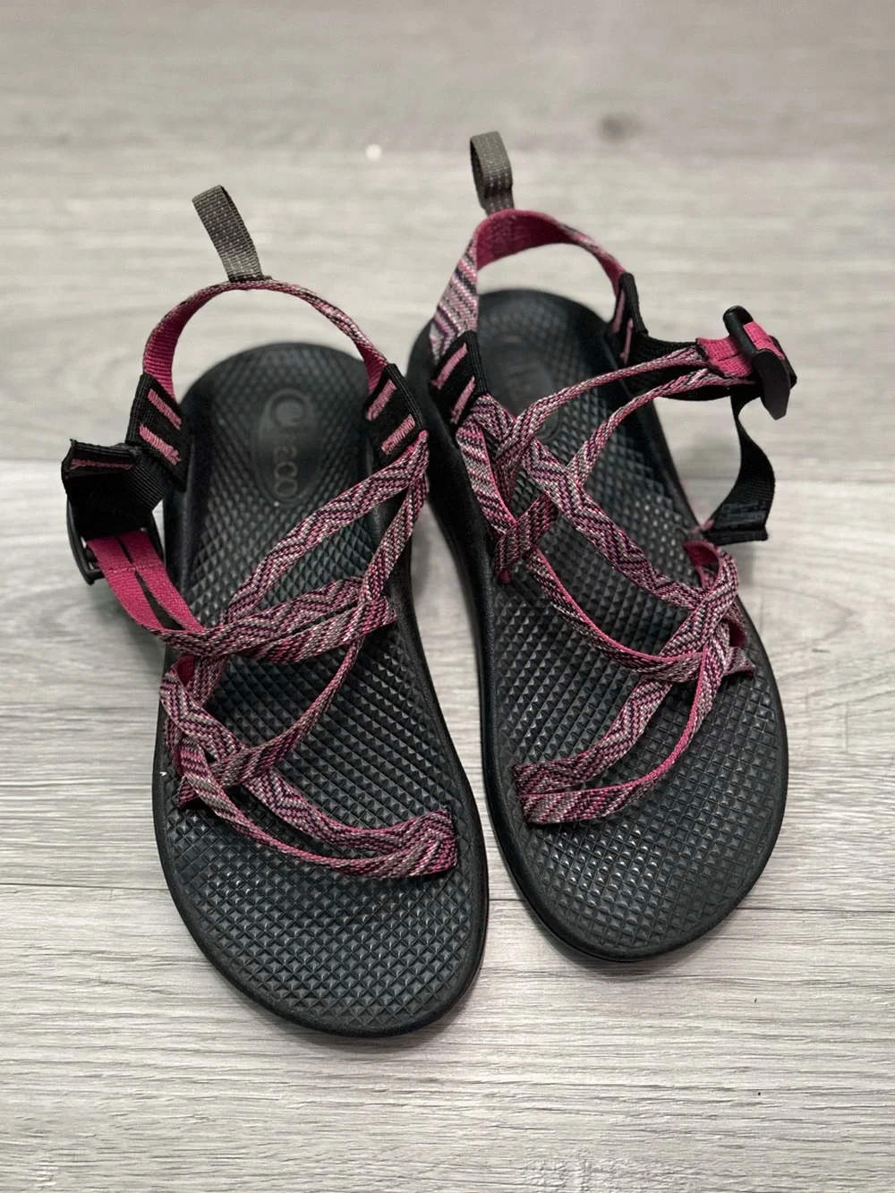 Chaco Girls Pink Patterned Strap Sandals on Black Footbed